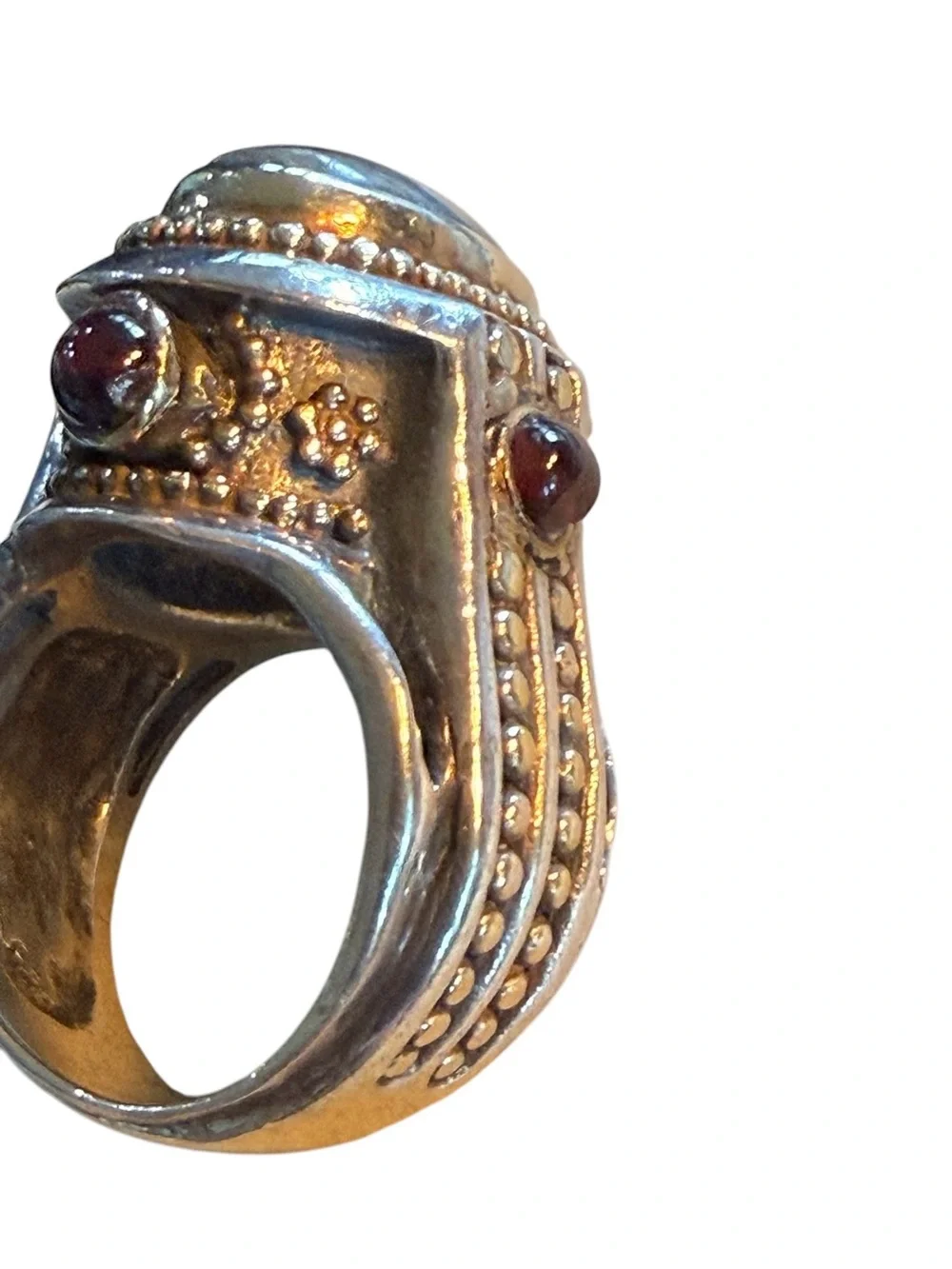 Sterling Silver and Brass Oval Labradorite and Garnet Cabochon Ring sz 6